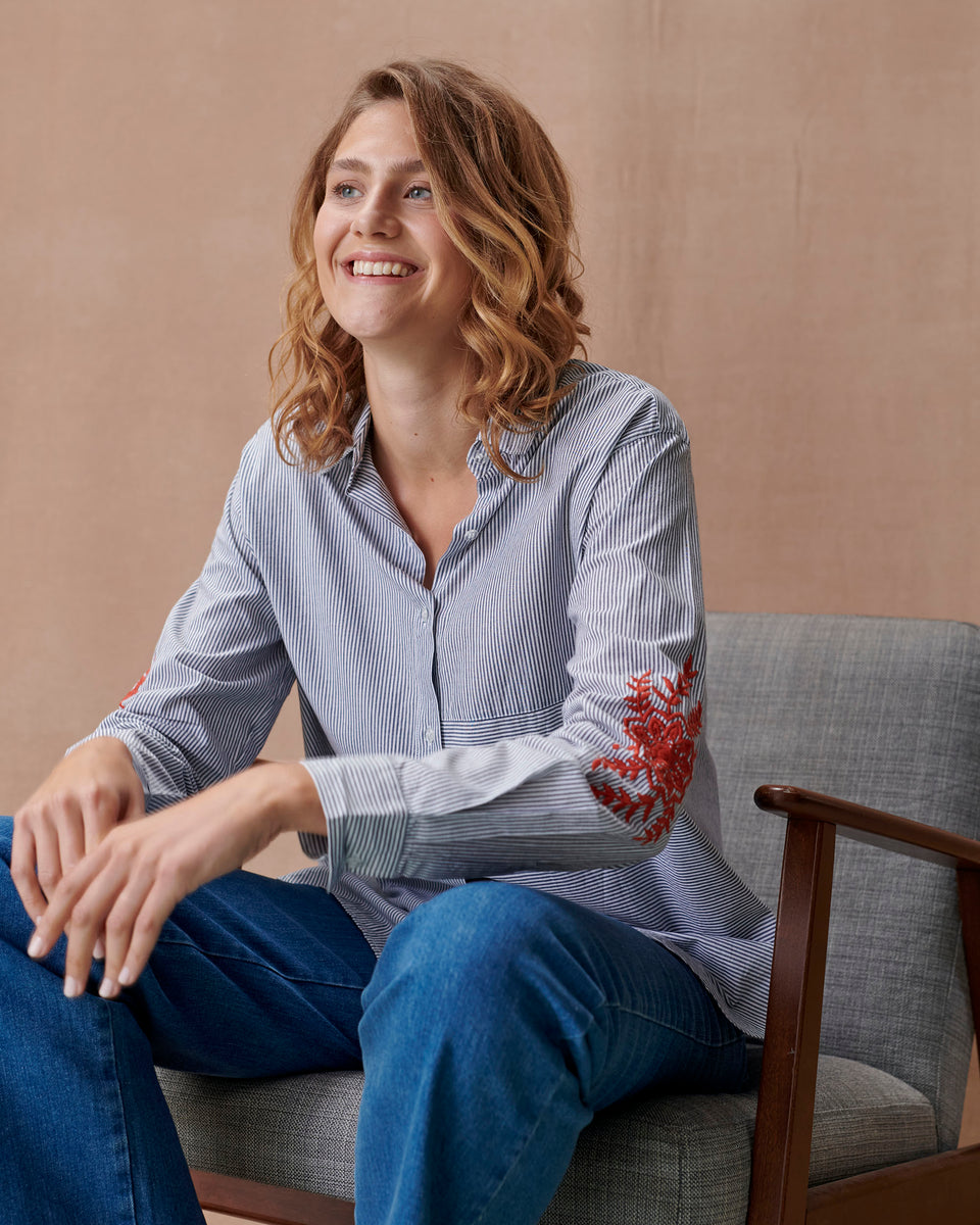 Grey Stripe Mandala Embroidered Blouse