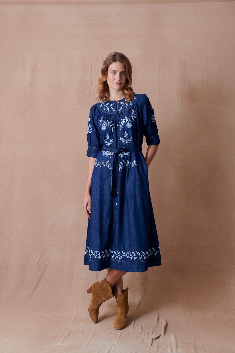 Pomegranate Belted Denim Dress