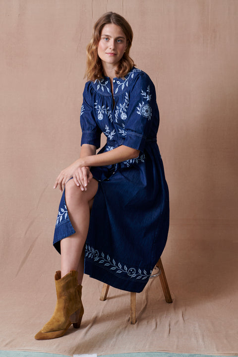 Pomegranate Belted Denim Dress