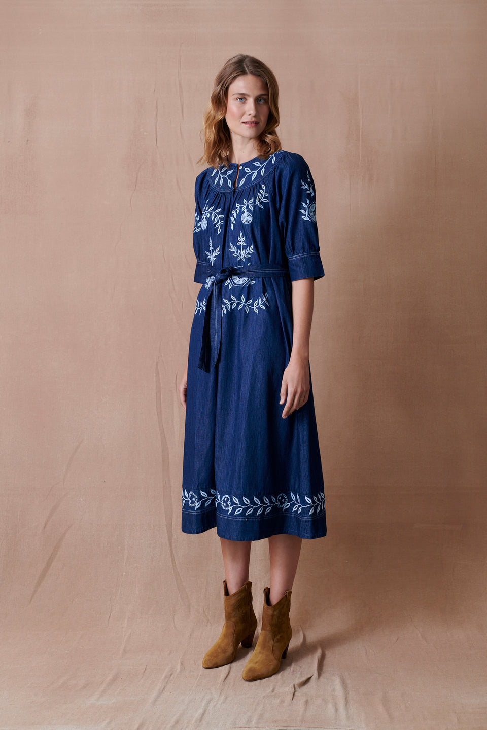 Pomegranate Belted Denim Dress