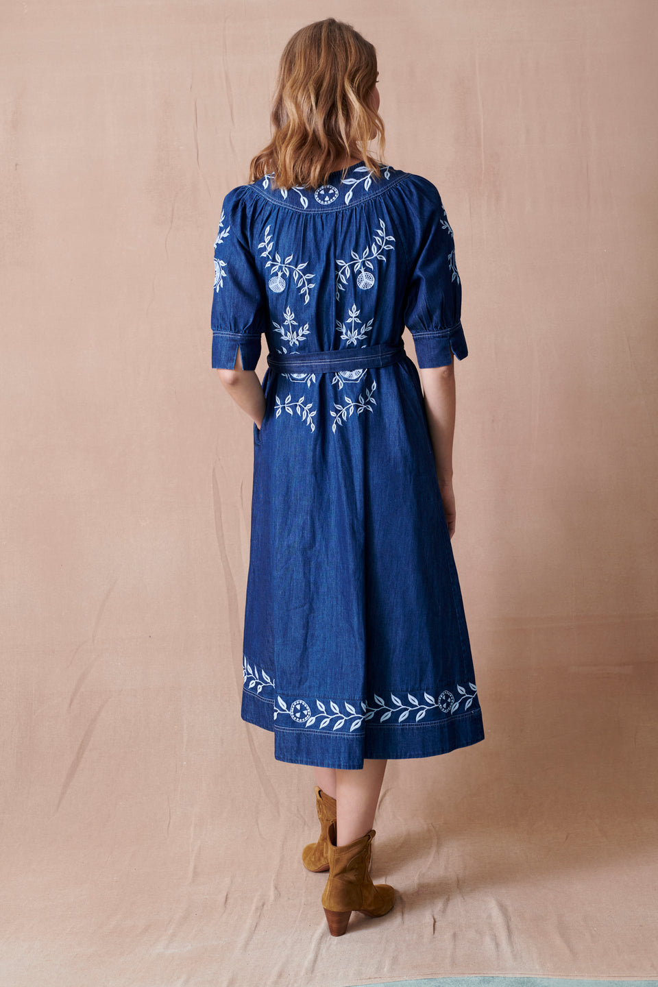 Pomegranate Belted Denim Dress