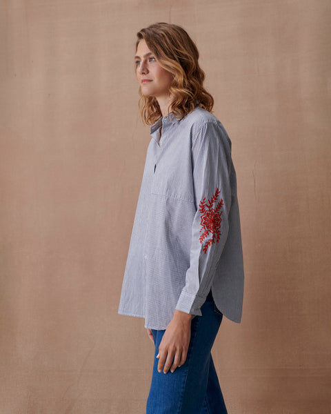 Grey Stripe Mandala Embroidered Blouse