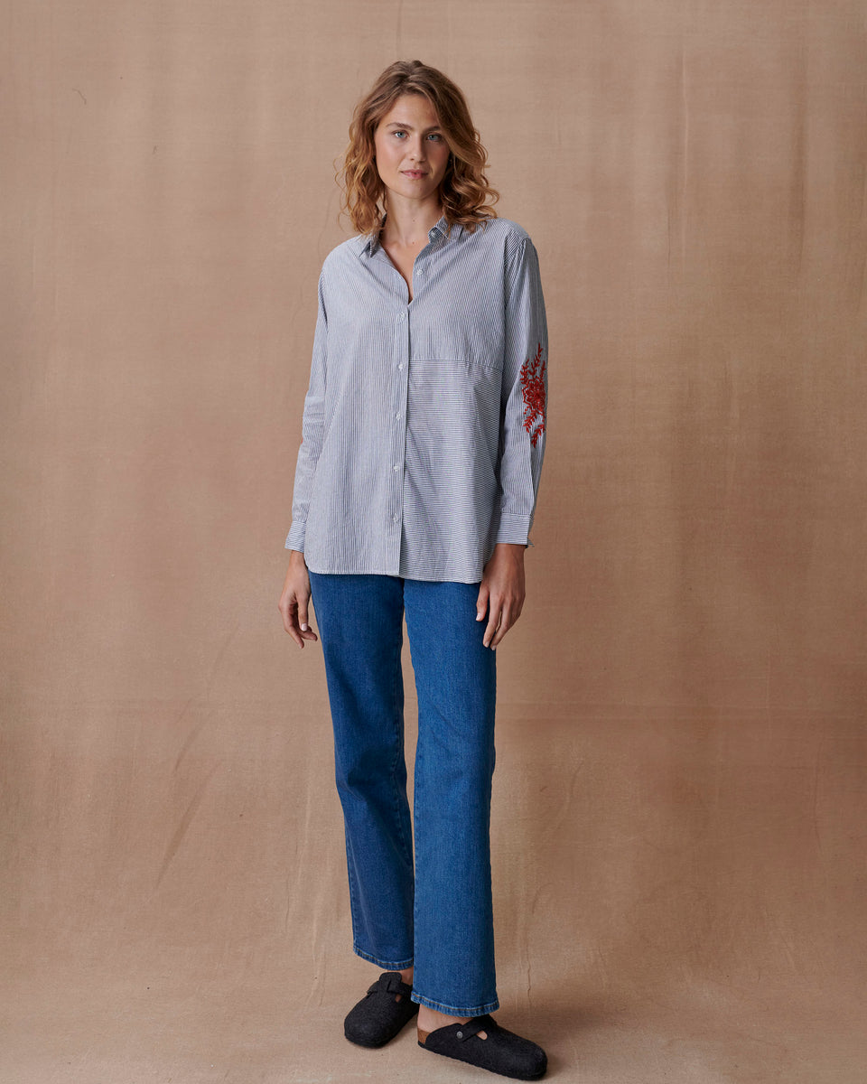 Grey Stripe Mandala Embroidered Blouse