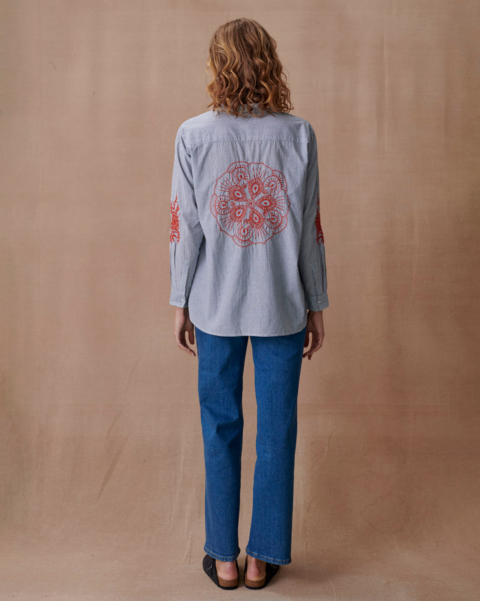 Grey Stripe Mandala Embroidered Blouse