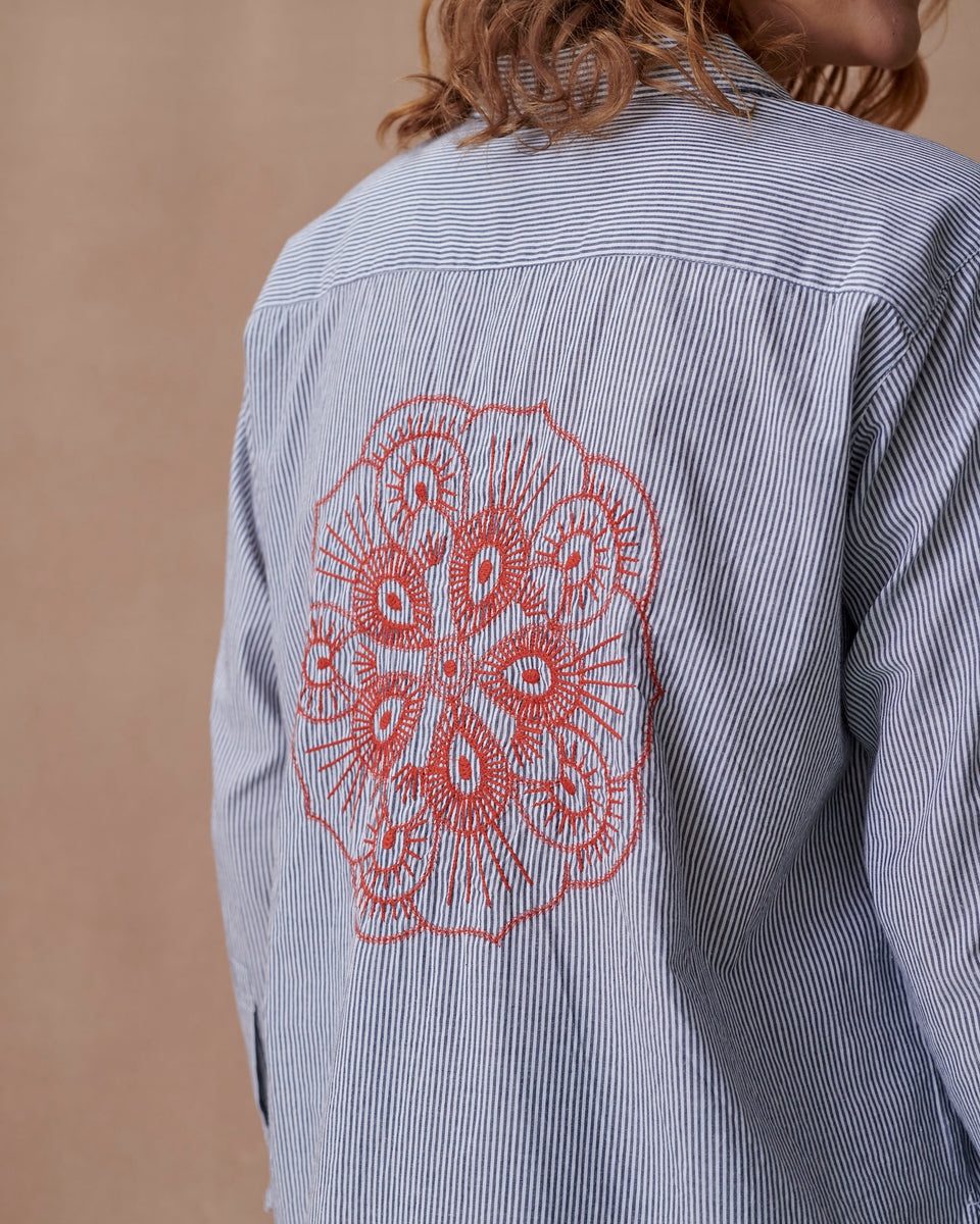 Grey Stripe Mandala Embroidered Blouse