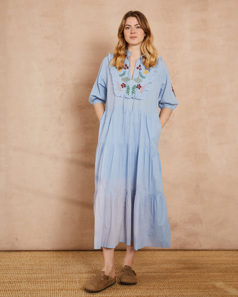 Sky Blue Ocean Embroidered Dress